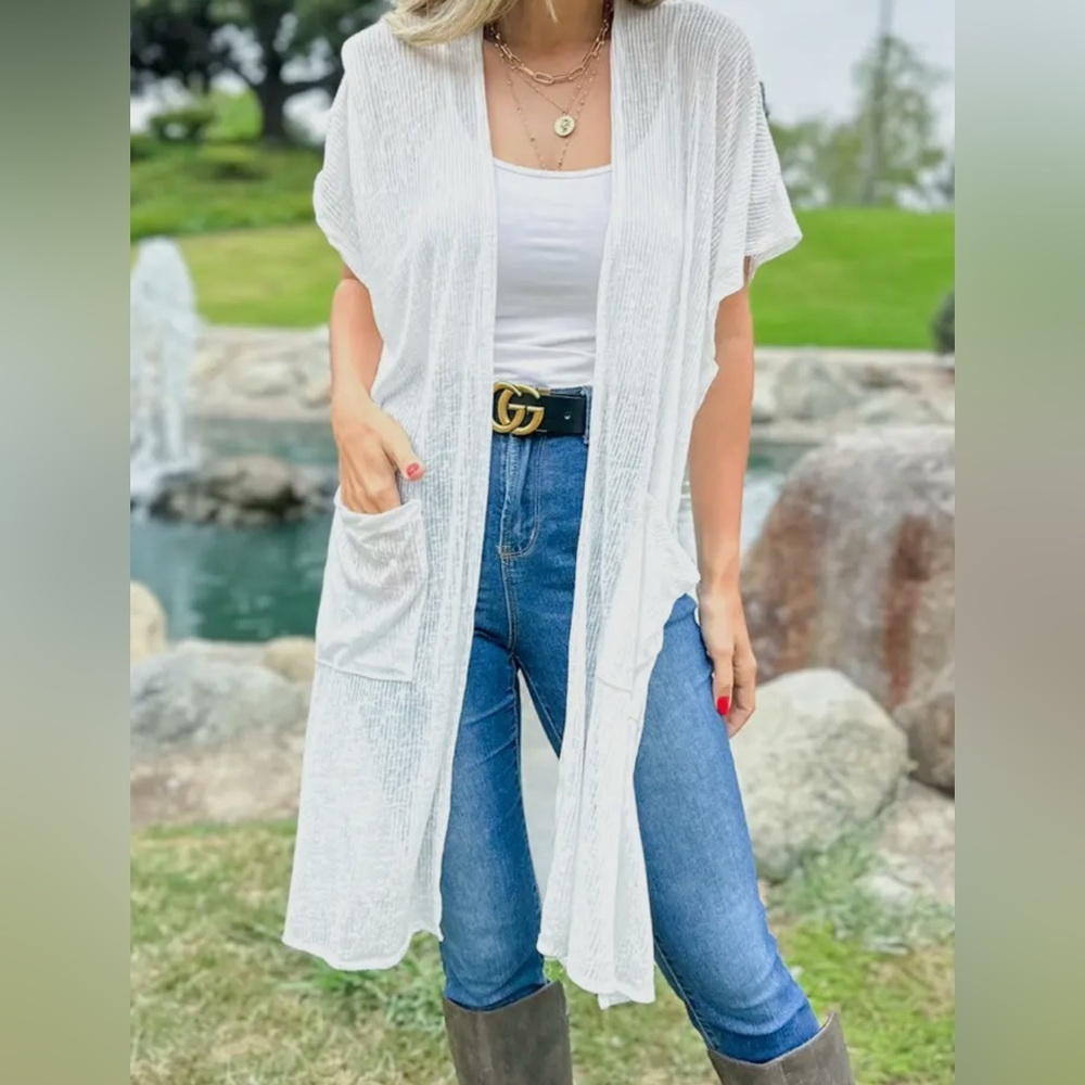 White Open-Front Sheer Lightweight Kimono Cardigan with Pockets - Picture 2 of 6